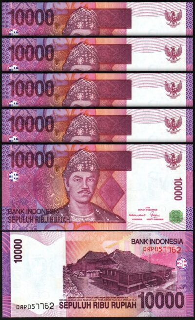 Indonesia 10000 10,000 Rupiah 2005 / 2005, UNC, 5 Pcs LOT, Consecutive, P-143a