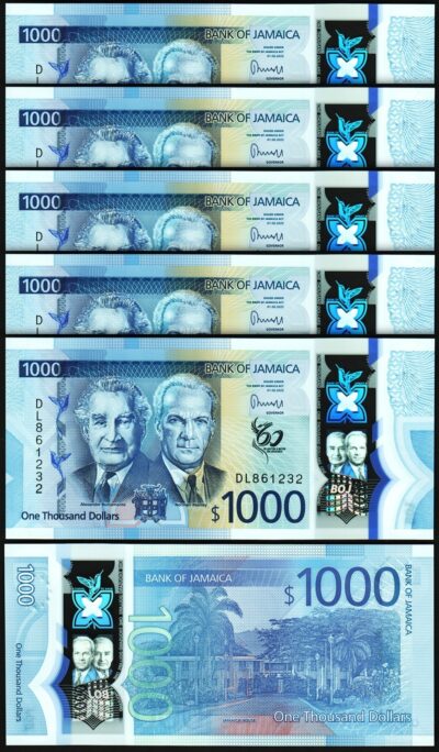 Jamaica 1000 Dollars 2022 2023, UNC, 5 Pcs LOT, Polymer, P-99, New Design