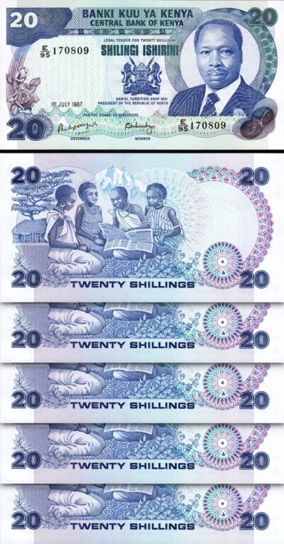 Kenya 20 Shillings 1 Jul  1987, UNC- 5 Pcs LOT, P-21f
