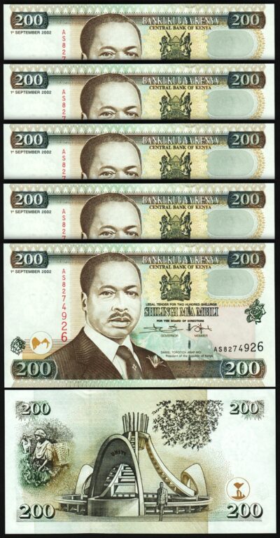 Kenya 200 Shillings 2002, UNC, 5 Pcs LOT, P-38h