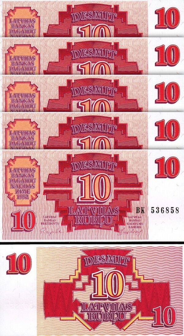 Latvia 10 Rublu 1992, UNC, 10 Pcs LOT, Consecutive, P-38 - Image 3