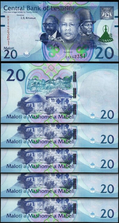 Lesotho 20 Maloti 2021 - 2022, UNC, 5 PCS LOT, P-27
