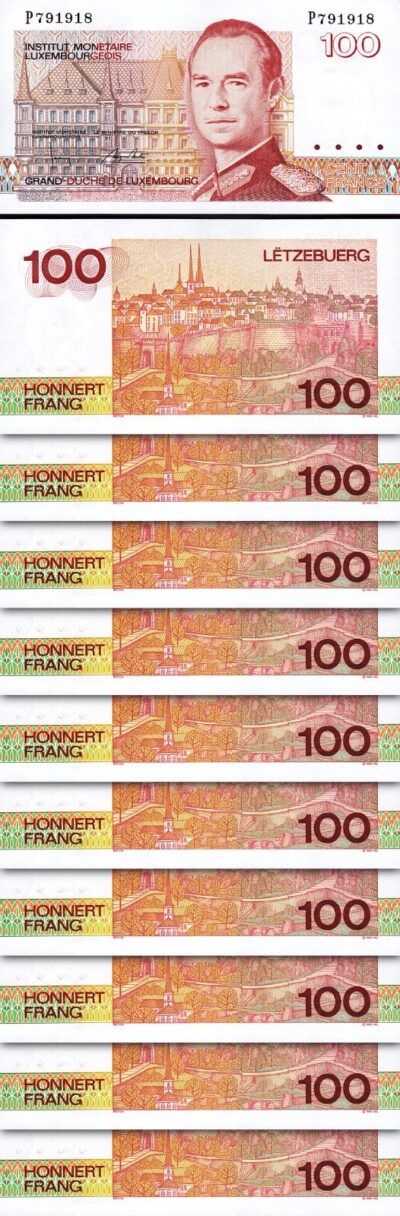 Luxembourg 100 Francs 1986, UNC, 10 Pcs LOT, Consecutive, P-58b