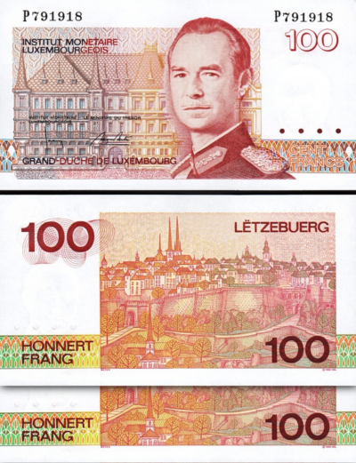 Luxembourg 100 Francs 1986, UNC, 2 Pcs PAIR, Consecutive, P-58b
