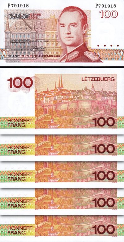 Luxembourg 100 Francs 1986, UNC, 5 Pcs LOT, Consecutive, P-58b