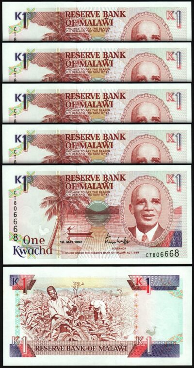Malawi 1 Kwacha 1992, UNC, 5 Pcs LOT, P-23b