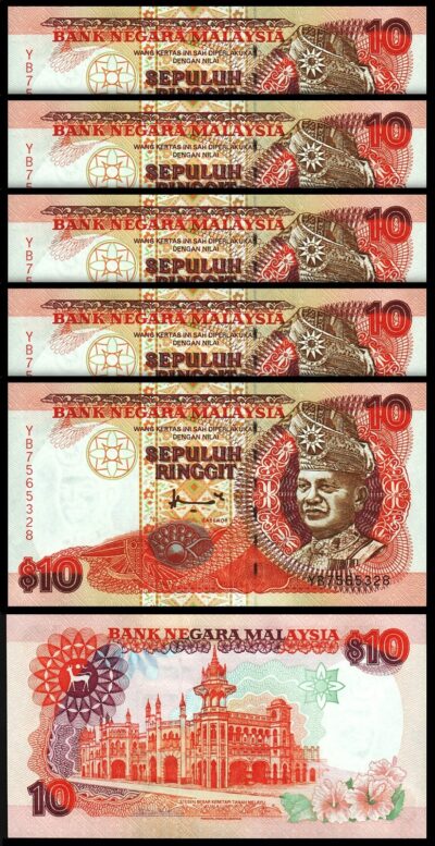 Malaysia 10 Ringgit 1995, UNC, 5 Pcs LOT, Consecutive, P-36