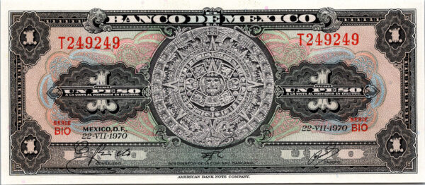 Mexico 1 Peso 1970, REPEATER No 249 249 UNC, P-59L, Serie BIO Prefix T