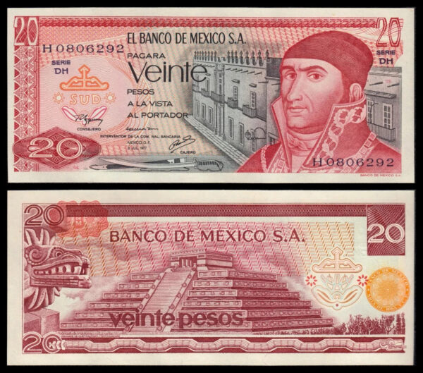 Mexico 20 Pesos 1977, UNC-, 5 PCS LOT, P-64d, Series DH Prefix H - Image 3