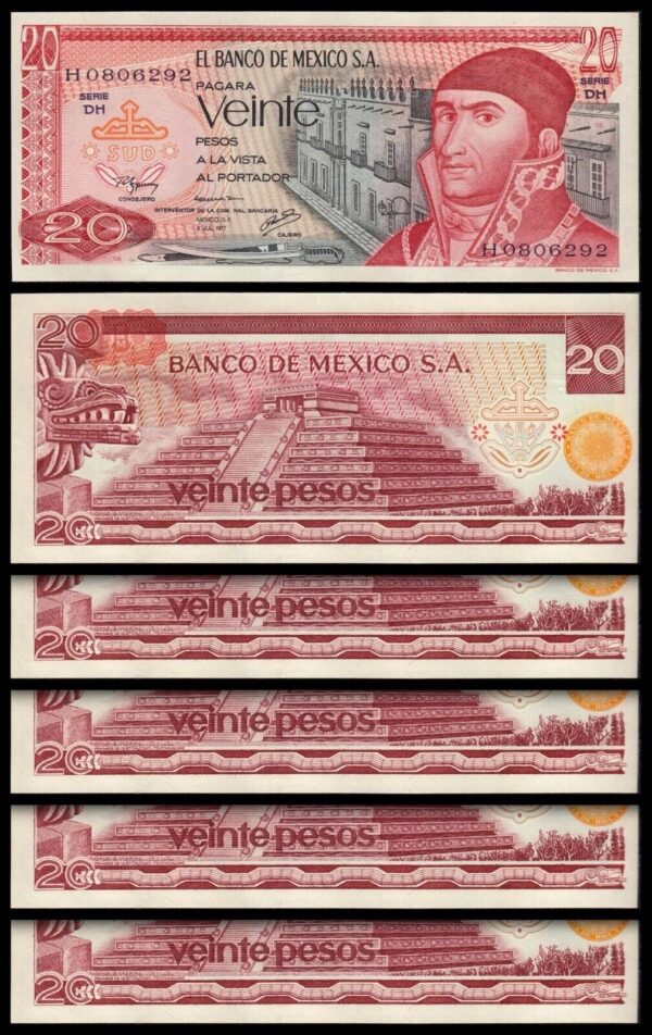 Mexico 20 Pesos 1977, UNC-, 5 PCS LOT, P-64d, Series DH Prefix H