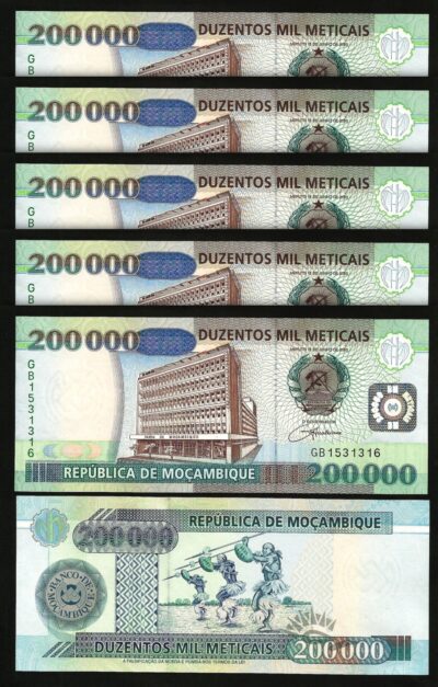 Mozambique 200000 200,000 Meticais 2003, UNC, 5 PCS Consecutive Lot, P-141