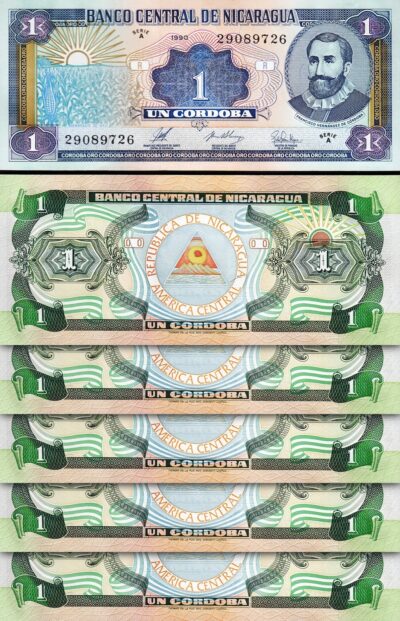 Nicaragua 1 Cordoba 1990, UNC, 5 Pcs LOT, Consecutive, P-173, Serie A