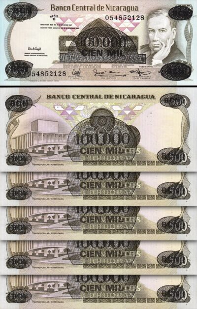 Nicaragua 100000 on 500  Cordobas 1987, UNC, 5 Pcs LOT, P-149, Serie G
