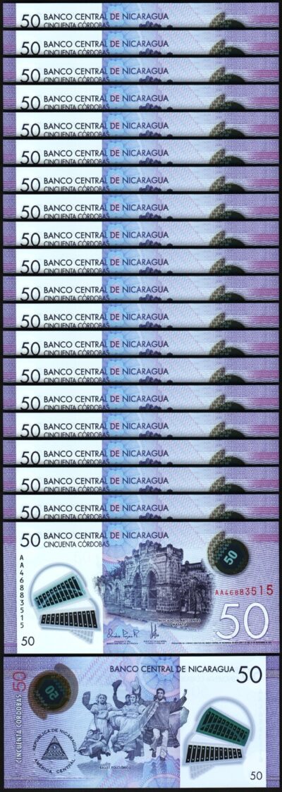 Nicaragua 50 Cordobas 2021 - 2023, UNC, 20 Pcs LOT, Polymer, P-211. Prefix AA