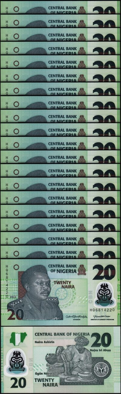 Nigeria 20 Naira 2022, AU / UNC, 20 Pcs LOT, P-New, Polymer