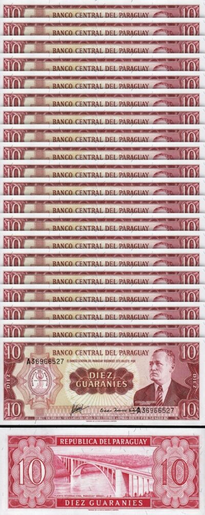 Paraguay 10 Guaranies 1952, UNC, 20 Pcs LOT, Consecutive, P 196b, Prefix A