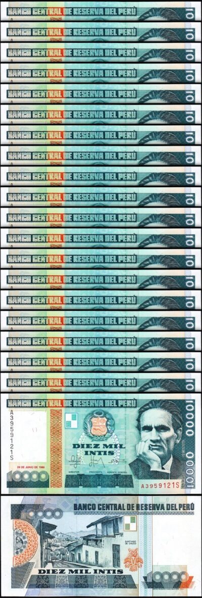 Peru 10000 Intis 1988, UNC, 20 Pcs LOT, Consecutive, P-140