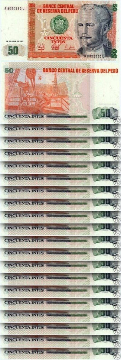 Peru 50 Intis 1987 , Consecutive 20 Pcs Lot , AUNC / UNC ,P-131B