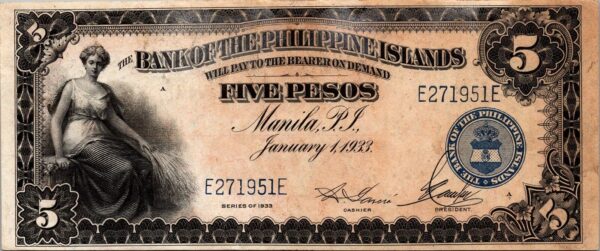 Philippines  5 Piso 1933, aAU, P-22, Prefix E