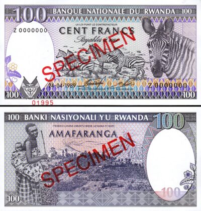 Rwanda 100 Francs 1989, UNC, SPECIMEN, Z 0000000, P-19s