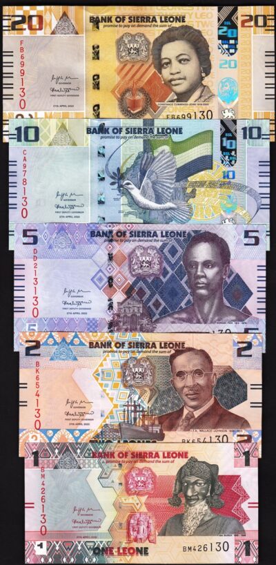 Sierra Leone, 5 Pcs SET,  1 2 5 10 20 Leones 2022, UNC,P-NEW DESIGN
