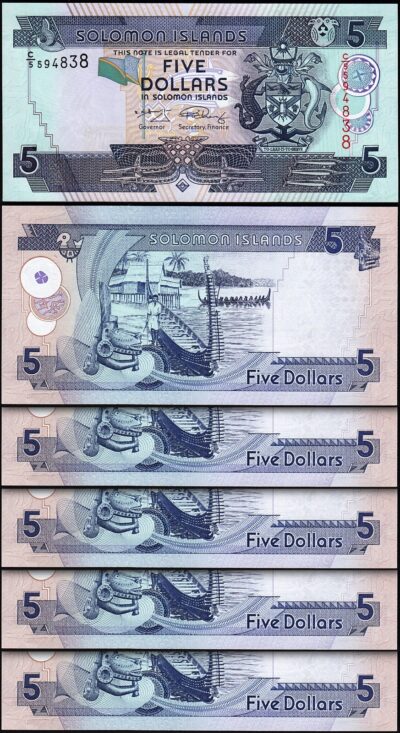 Solomon Islands 5 Dollars 2008 2009, UNC, 5 Pcs LOT, Consecutive, P-26