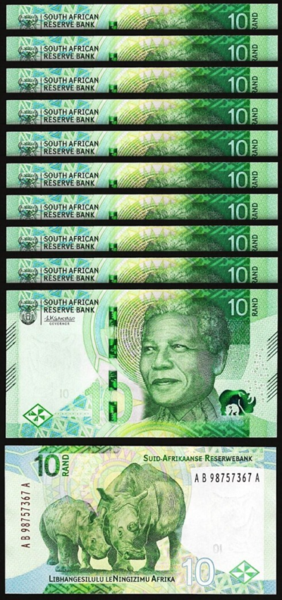 South Africa 10 Rand 2023, UNC, 10 Pcs LOT, P-148 Nelson Mandela