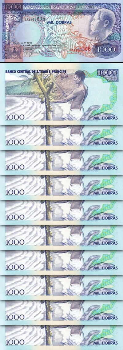 St. Saint Thomas - Sao Tome 1000 Dobras 1993, UNC, 10 Pcs LOT, P-64