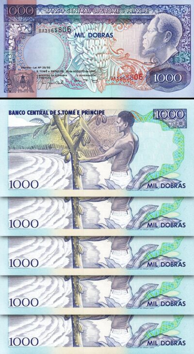 St. Saint Thomas - Sao Tome 1000 Dobras 1993, UNC, 5 Pcs LOT, P-64