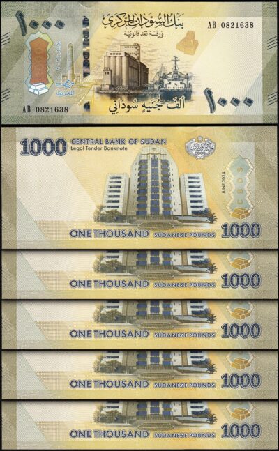Sudan 1000 Pounds 2024 2025, UNC, 5 Pcs LOT, Consecutive, P-87 New Design