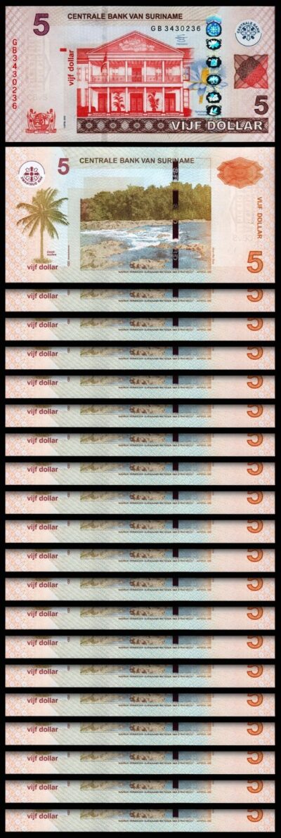 Surinam Suriname 5 Dollars 2012, UNC, 20 PCS LOT, P-162b