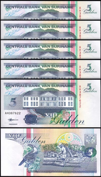 Suriname 5 Gulden 1998, AU/UNC, 5 Pcs LOT, Consecutive, P-136b