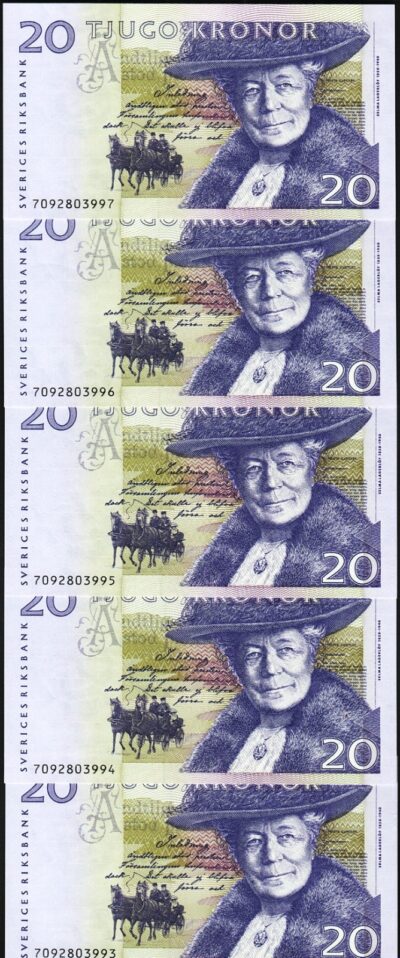 Sweden Suede 20 Kronor 1997, UNC-, 5 Pcs LOT, Consecutive, P-63a, Selma Lagerlof