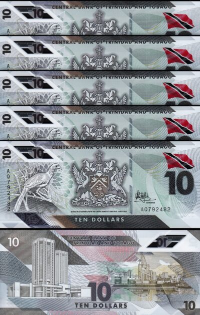 Trinidad Tobago 10 Dollars, 2020 2021, UNC, 5 Pcs LOT, Consecutive,P-New Design