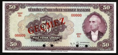 Turkey 50 Lira 1930 (1942), UNC Specimen, P-142s, Serial E1 00000 Inonu