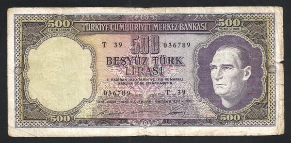 Turkey 500 Lira 1968, Fine, P-183, Prefix T39, With Tears and Penmark