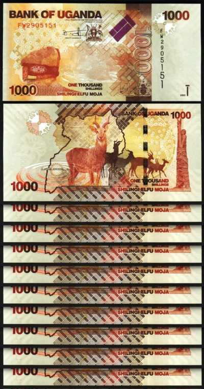 Uganda 1000 Shillings 2022, UNC, 10 PCS LOT, P-49 New Sign