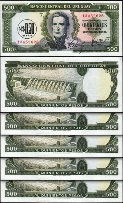Uruguay 0.50 Nuevos Pesos on 500 Pesos, 1975, aUNC/UNC, 5 Pcs LOT, P-54