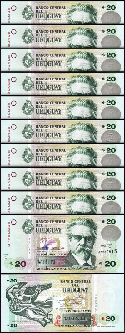 Uruguay 20 Pesos 2000, UNC, 10 Pcs LOT, Consecutive, P-83, Serie C