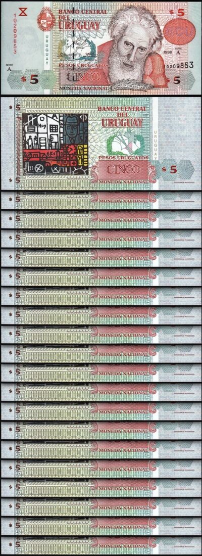 Uruguay 5 Pesos 1998, UNC, 20 Pcs LOT, P-80, Prefix A