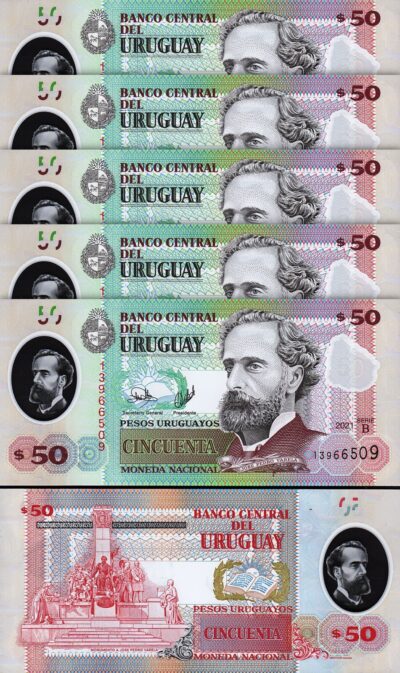 Uruguay 50 Pesos 2021, UNC, 5 Pcs LOT, Consecutive, POLYMER, P-102 New Date