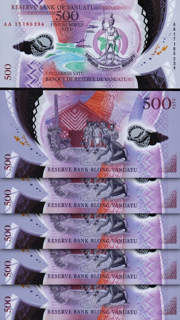 Vanuatu 500 Vatu 2017, UNC, 5 Pcs LOT, Consecutive, Polymer, P-18, Prefix AA