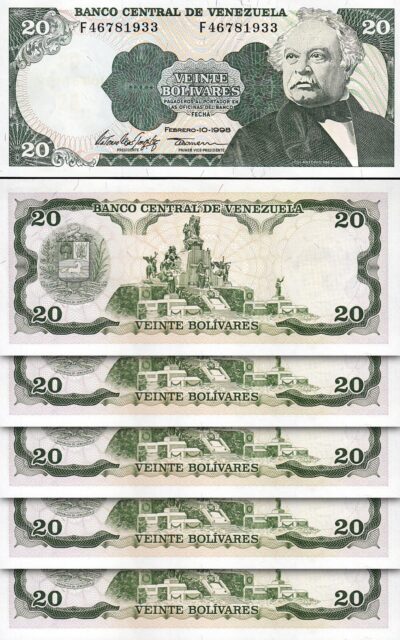 Venezuela 20 Bolivares 1998, UNC, 5 Pcs LOT, P-63f