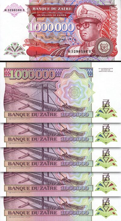 Zaire 1,000,000 1000000 1 Million Zaires 1992, UNC, 5 Pcs LOT, Consecutive, P-44