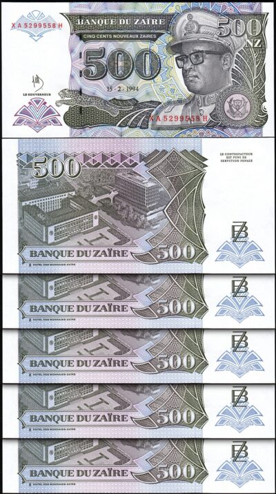 Zaire 500 Nouveaux Zaires 1994, UNC, 5 Pcs LOT, Pick-63, Prefix XA