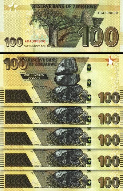 Zimbabwe 100 Dollars 2020 (2022), UNC, 5 Pcs LOT, P-New Design, AB