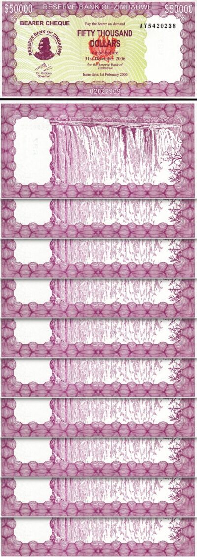 Zimbabwe 50000 50,000 Dollars 2006, UNC, 10 Pcs LOT, P-30, Bearer Cheque