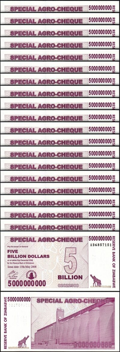 Zimbabwe 5,000,000,000 5 Billion Dollars 2008, UNC, 20 Pcs LOT, P-61,Agro Cheque