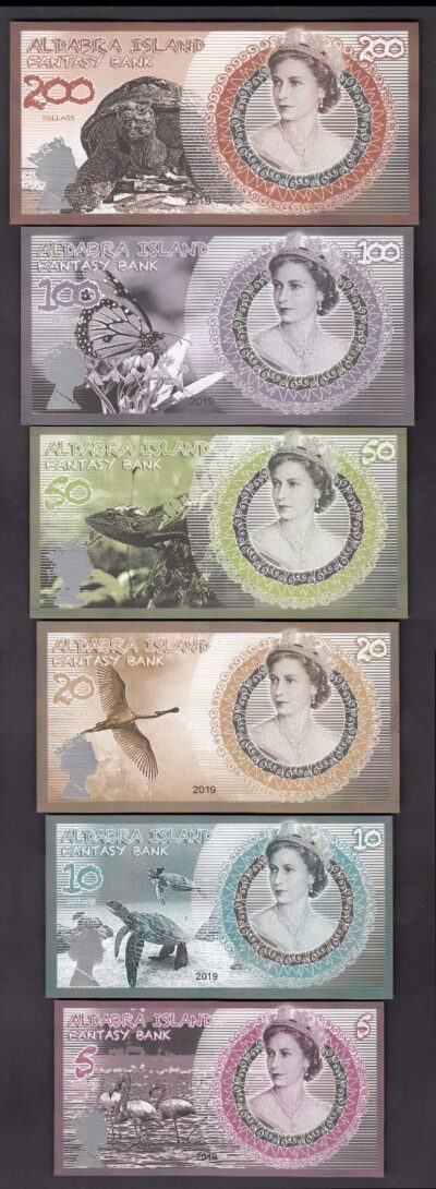 Aldabra Island 6 PCS SET , 5 10 20 50 100 200 Dollars UNC 2019 Polymer Matching