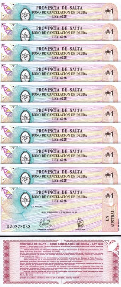 Argentina 1 Austral 1987, Province of Salta, UNC, 10 Pcs LOT, P-S2612e